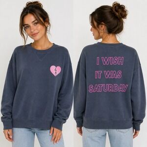 Wildfox Sweatshirt Womens Large Grey I Wish It Was Saturday Heart Streetwear